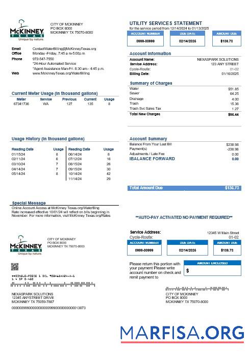 Printable USA Texas McKinney business utility bill template in Word and PDF formats